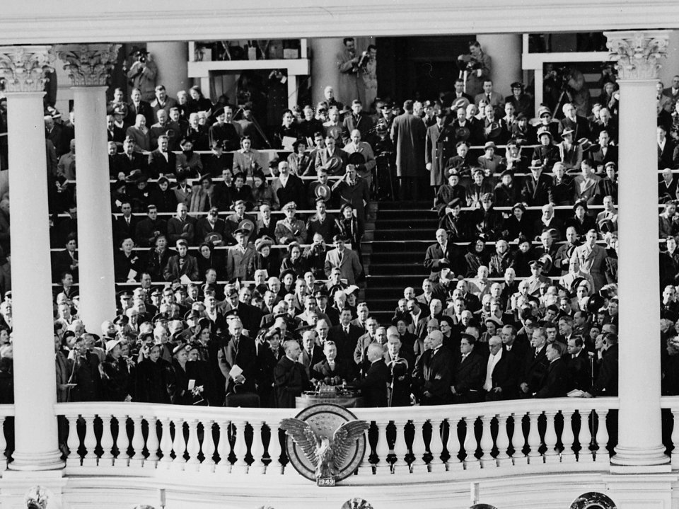Distance view of the inauguration of President Truman showing the President being sworn into office (cropped)