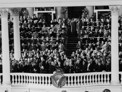 Distance view of the inauguration of President Truman showing the President being sworn into office (cropped)