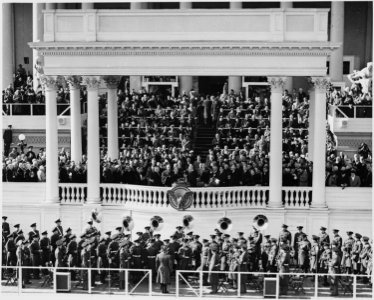 Distance view of the inauguration of President Truman showing the President being sworn into office. - NARA - 199982 photo