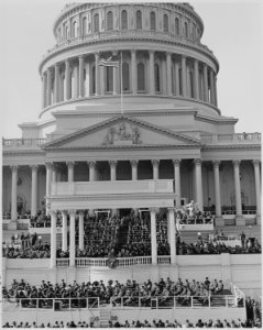Distance view of the inauguration of President Truman showing the President speaking at the podium. - NARA - 199979