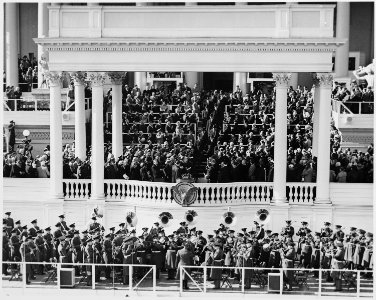 Distance view of the inauguration of President Truman showing the President walking to his seat. - NARA - 199983