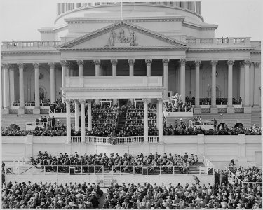 Distance view of the inauguration of President Truman showing the President speaking at the podium. - NARA - 199976 photo