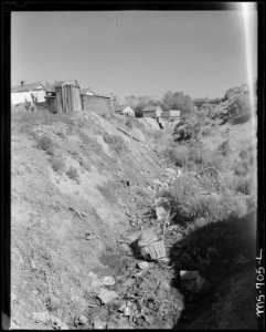 Ditch and privies in back of part of company housing project. Note refuse and rubbish thrown into the ditch. Union... - NARA - 540562