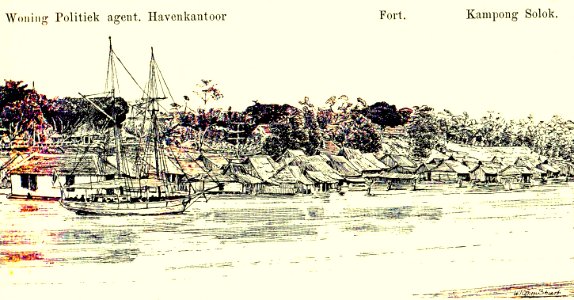 Djambi van de rivier af gezien,tekening luitenant ter zee W.J. Cohan Stuart - kopie