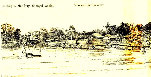 Djambi van de rivier af gezien,tekening luitenant ter zee W.J. Cohan Stuart