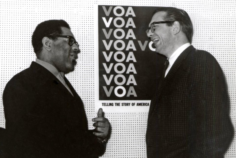 Dizzy Gillespie at VOA with Willis Conover (cropped)
