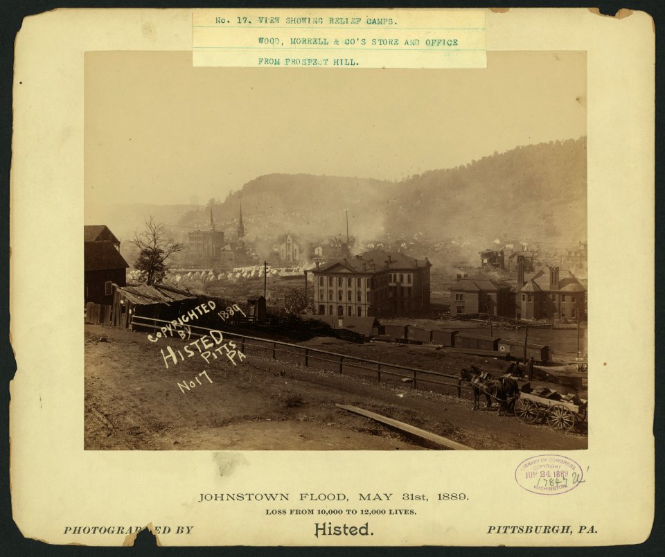 17551u View showing relief camps; Wood, Morrell & Co. store