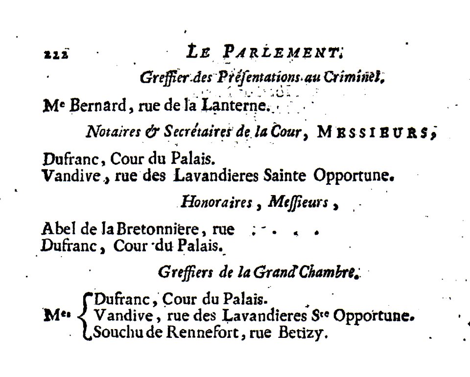 1772 Almanach Royal Vandive Not Secr Parlement p. 222