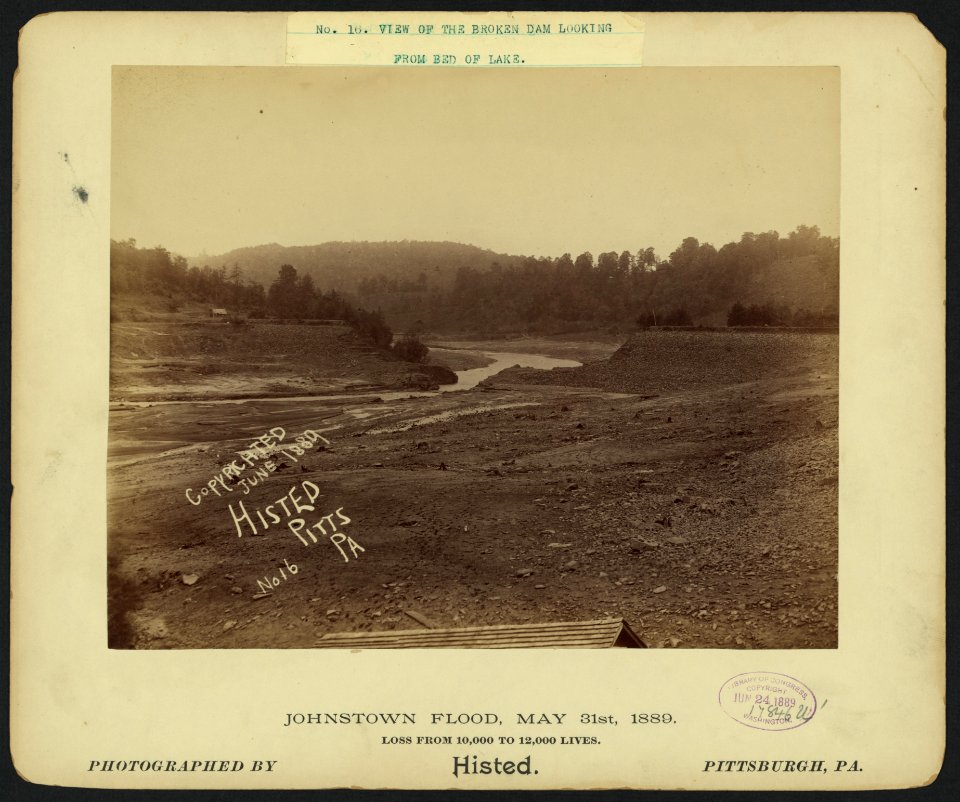 17550u View of the broken dam looking from bed of lake, Johnstown Flood