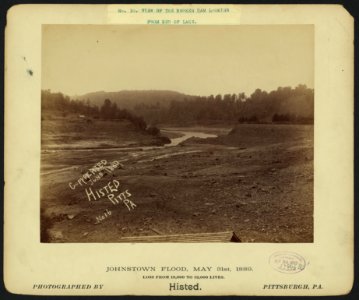 17550u View of the broken dam looking from bed of lake, Johnstown Flood