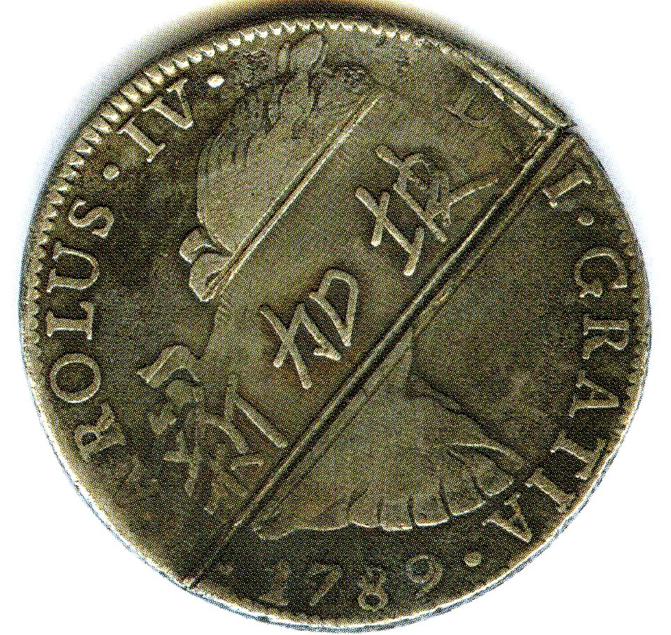 1789 Charles IV Spanish dollar countermarked with Chinese words meaning Singapore