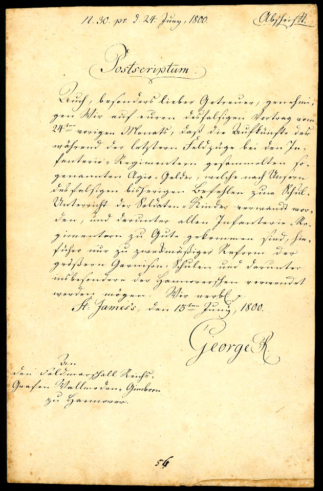 1800-06-13 Brief Georg III. Wilhelm Friedrich, König des Vereinigten Königreichs von Großbritannien und Irland, an Feldmarschall Reichsgraf Johann Ludwig von Wallmoden-Gimborn