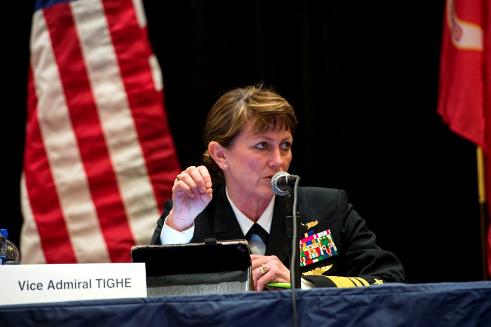 180410-N-YM856-098 - VADM Jan Tighe, deputy Chief of Naval Operations for information warfare, addresses attendees