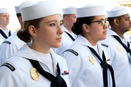180501-N-BK435-0020 - U.S. Navy sailors standing during uniform inspection
