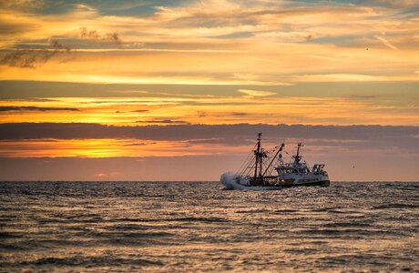 Fishing vessel fishing evening sun