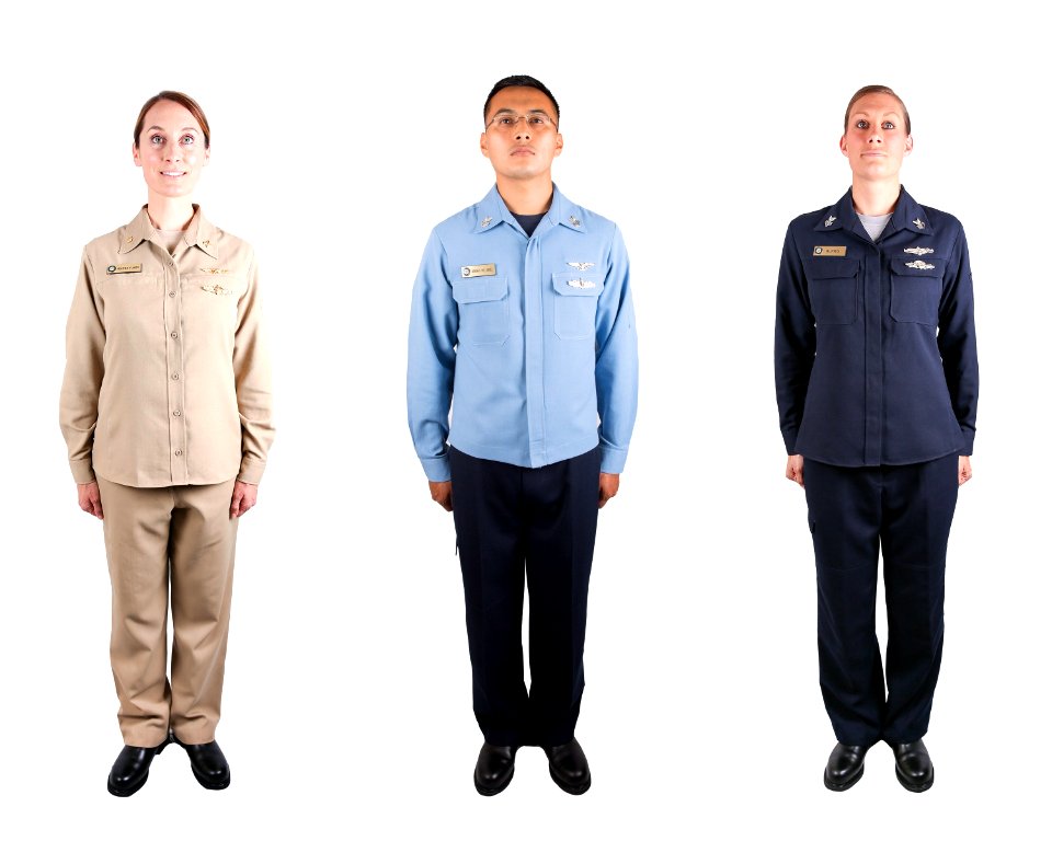180529-N-IK388-0001 - Sailors pose in three versions of the two-piece flame resistant organizational clothing variant prototype