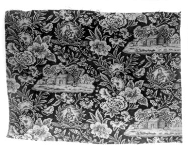 1840 Presidential campaign cloth; printed on blue & white chintz. The cloth is flowered with 3 identical likenesses of William H. Harrison and 3 identical log cabins LCCN2007680080