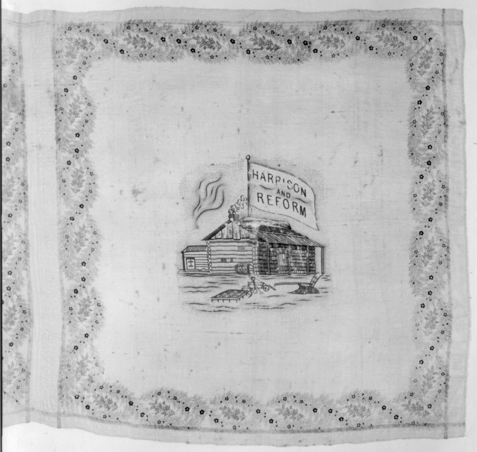 1840 Presidential campaign handkerchief) Log cabin with flag on top reading Harrison and Reform LCCN2007680082