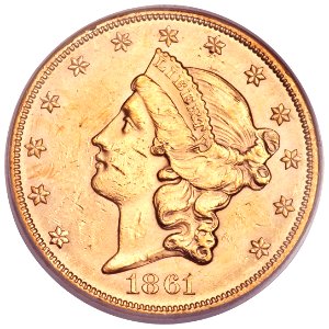 1861 $20 Paquet Double Eagle (obv)