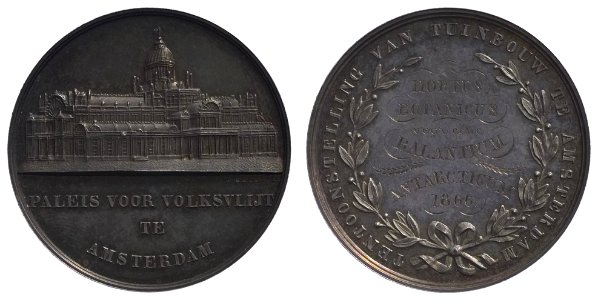 1866, tuinbouwtentoonstelling in het Paleis voor Volksvlijt, prijspenning t.n.v. de Hortus Botanicus, objectnr PA 2186