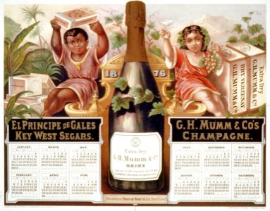 1876 calendar for El Principe de Gales Key West Segars and G.H. Mumm & Co.'s Champagne, showing boy holding box of cigars and girl holding grapes and champagne glass LCCN97517358