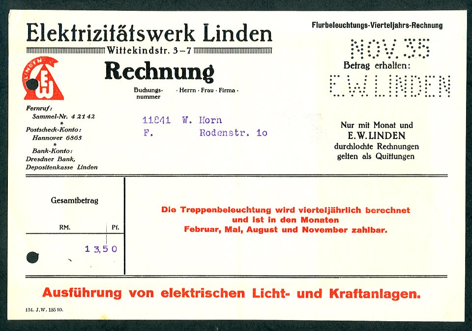 Elektrizitätswerk Linden Wittekindstraße 3-7 Hannover 1935-11 Rechnung