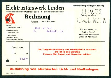 Elektrizitätswerk Linden Wittekindstraße 3-7 Hannover 1935-11 Rechnung