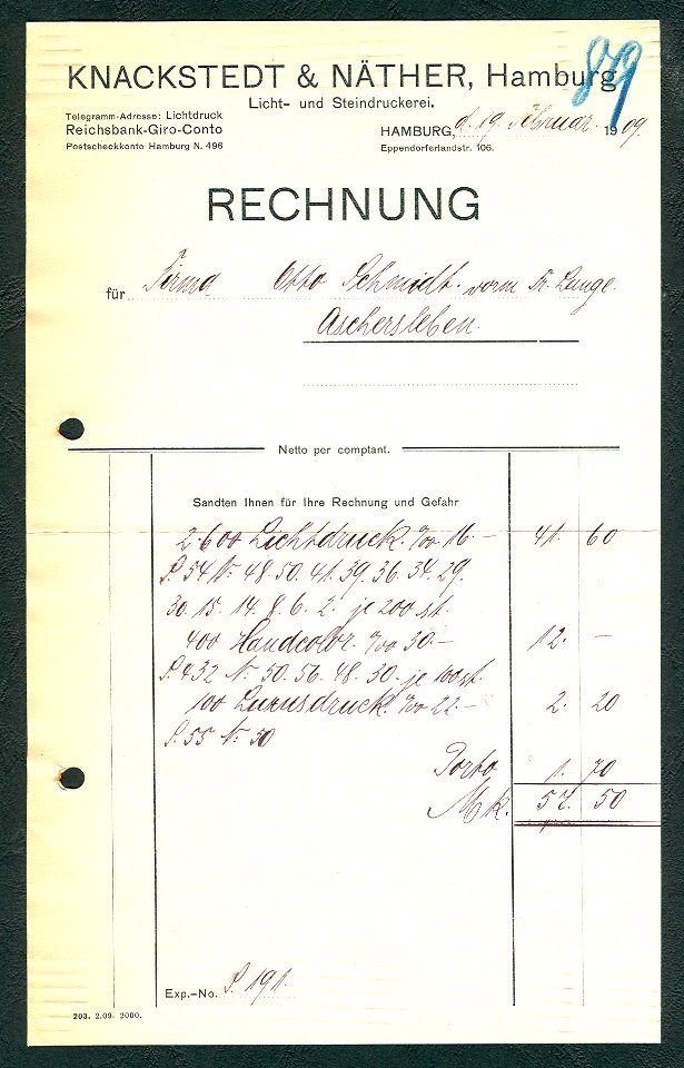 Knackstedt & Näther, Hamburg, Licht- und Steindruckerei, Eppendorfer Landstraße 106 Rechnung Otto Schmidt Aschersleben