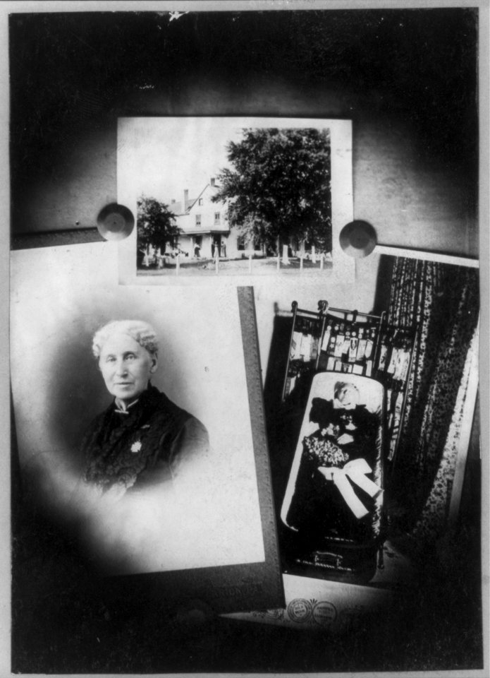 Annie Wittenmyer, group of three photos- bust portrait; on porch of house; lying in casket LCCN2005689550