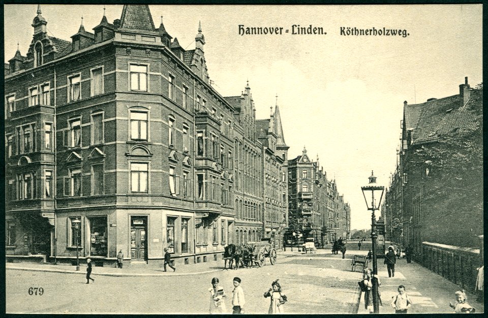 Anonymer Fotograf PC 0679 Hannover-Linden. Köthnerholzweg Bildseite Blick um 1900 von der Höhe Fröbelstraße in Richtung Limmerstraße, Kinder Kutschen A. George