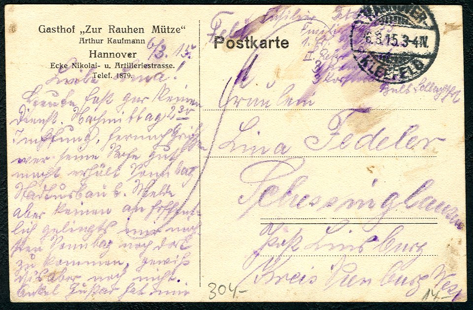 Anonymer Fotograf PC Gasthof zur Rauhen Mütze Restaurant Inhaber Arthur Kaufmann Hannover Nikolaistraße Ecke Artilleriestraße (heute Kurt-Schumacher-Straße), Gänselieselbrunnen, Adressseite 1915 Frl. Lina Fedeler Scharringhausen