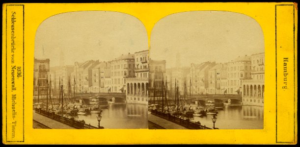 Anonymer, noch unidentifizierter Fotograf Stereoskopie Hamburg 1036, Schleusenbrücke vom Neuenwall, Michaelis, Thurm, Bildseite Alsterarkaden gesehen vom Reesendamm, um 1900