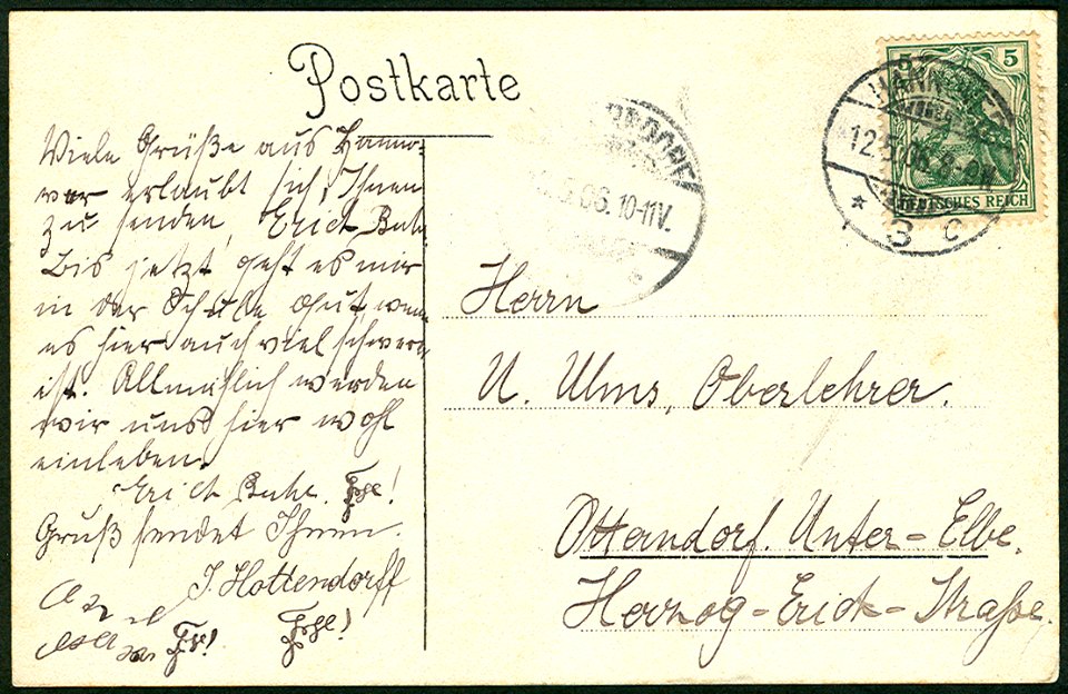 Anonymer Fotograf PC 0013 Hannover. Neues Haus. Adressseite Herrn U. Ulms, Oberlehrer, Otterndorf. Unter-Elbe, Herzog-Erich-Straße am 12. Mai 1906, Hottendorff u.a., Kurzschrift