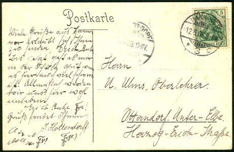 Anonymer Fotograf PC 0013 Hannover. Neues Haus. Adressseite Herrn U. Ulms, Oberlehrer, Otterndorf. Unter-Elbe, Herzog-Erich-Straße am 12. Mai 1906, Hottendorff u.a., Kurzschrift