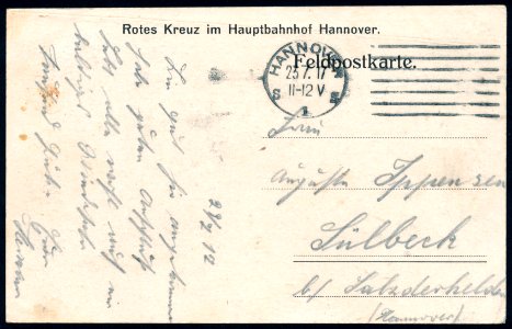 Anonymer Fotograf PC Hannover. Bahnhofstraße. Adressseite Feldpost Rotes Kreuz im Hauptbahnhof 1917 an Auguste Ippensen in Sülbeck