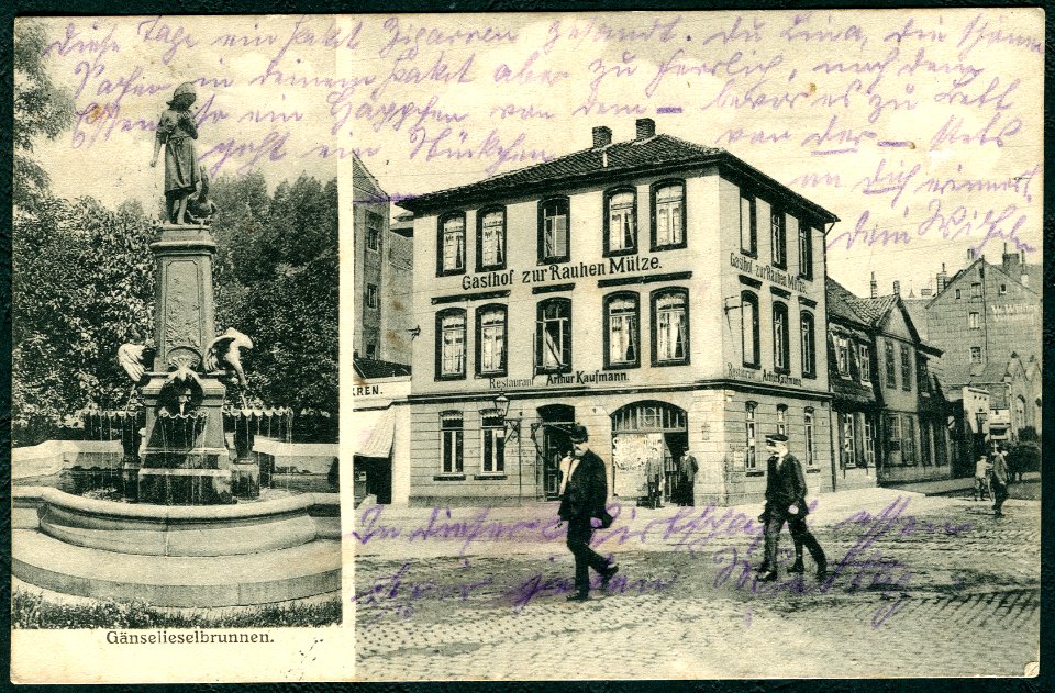 Anonymer Fotograf PC Gasthof zur Rauhen Mütze Restaurant Inhaber Arthur Kaufmann Hannover Nikolaistraße Ecke Artilleriestraße (heute Kurt-Schumacher-Straße), Gänselieselbrunnen, Bildseite