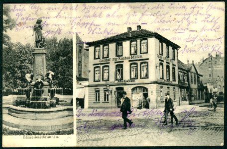 Anonymer Fotograf PC Gasthof zur Rauhen Mütze Restaurant Inhaber Arthur Kaufmann Hannover Nikolaistraße Ecke Artilleriestraße (heute Kurt-Schumacher-Straße), Gänselieselbrunnen, Bildseite
