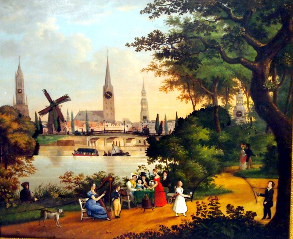 Kaffeegesellschaft an der Alster mit Blick über Lombardsbrücke auf die Stadt - Hamburger Bilderuhr