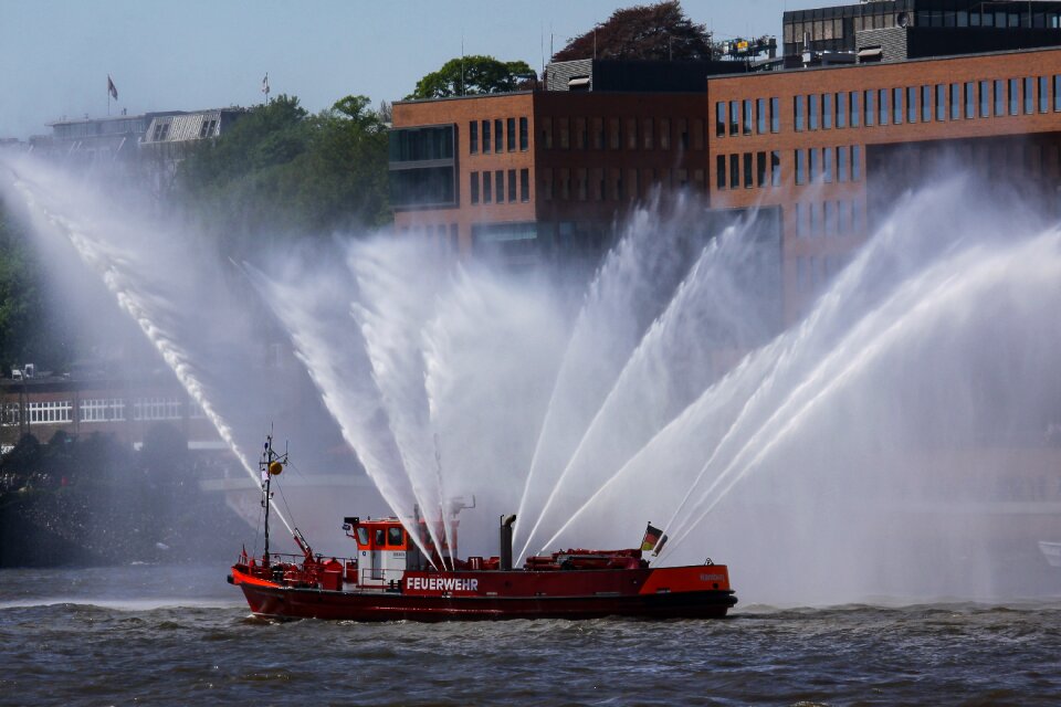 Fire ship water fountains port