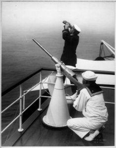 Anti-aircraft gun practice. Photo taken on one of the converted yachts now being used in the Naval Reserve. - NARA - 533694