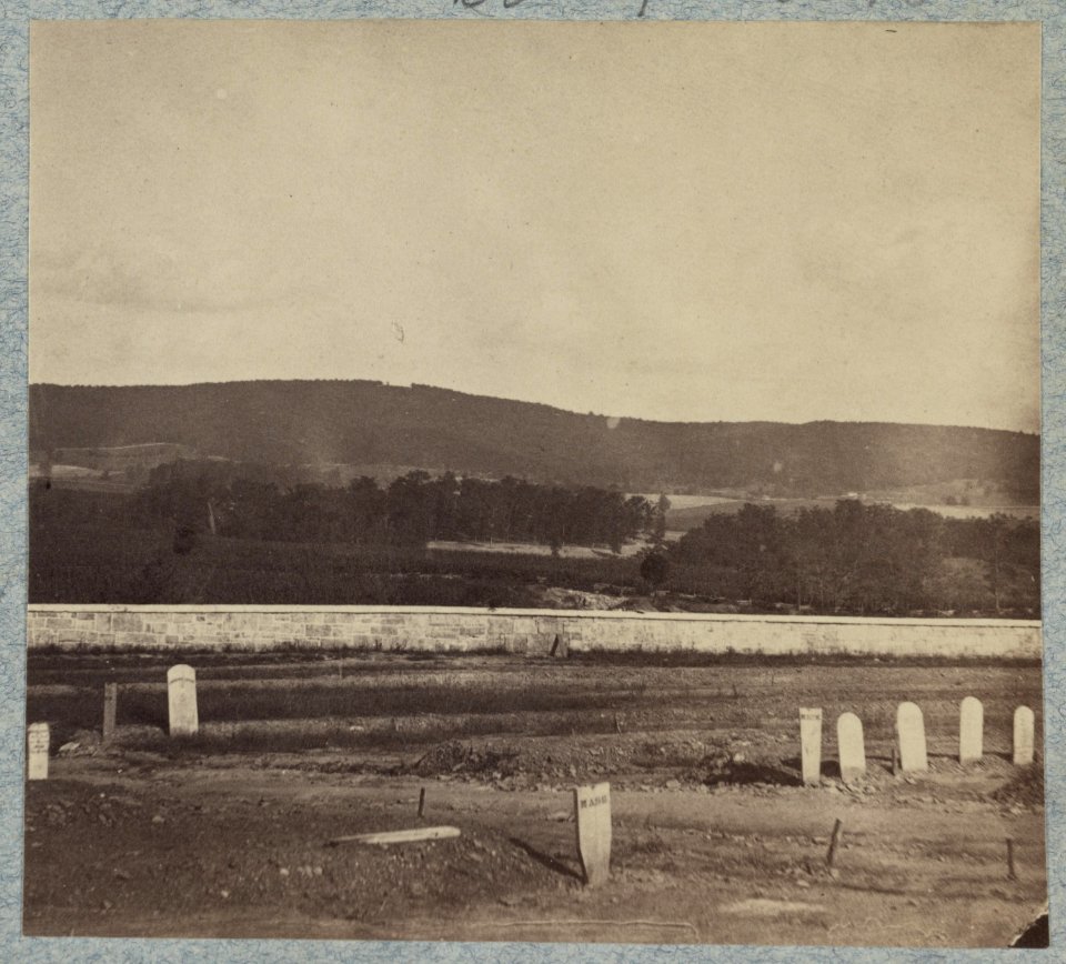 Antietam Cemetery in foreground, South Mountain in background - gap shows location of Signal Station during battle. View taken after the war LCCN2012647749