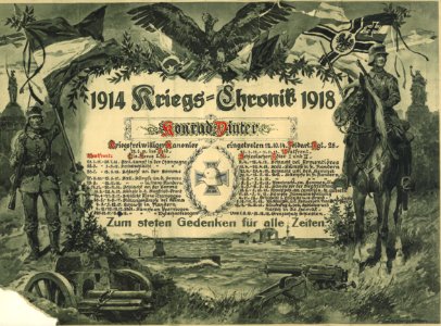 Anton Hoffmann.Muenchen 1914 Kriegschronik 1918 zum steten Gedenken für alle Zeiten Vordruck handbeschriftet für Konrad Dinter Kriegsfreiwilliger Kanonier
