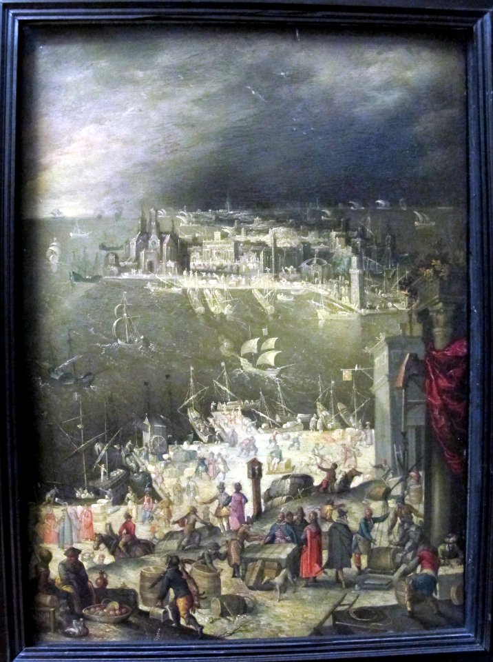 Anton mozart, veduta di un porto di mare con scene di commercio sul molo (genova o napoli), inizio del XVII sec