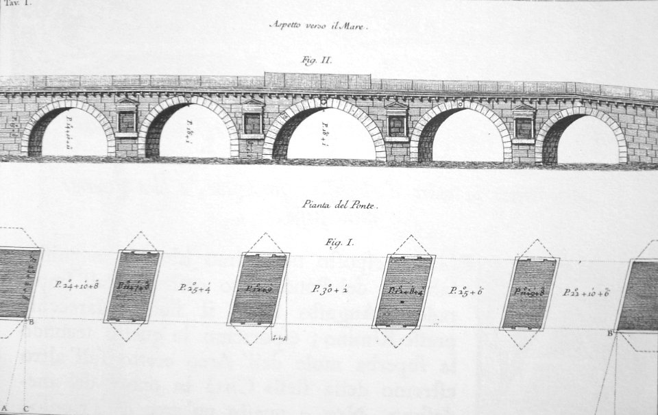 Antonio Visentin, Prospetto verso il mare e pianta del Ponte di Tiberio