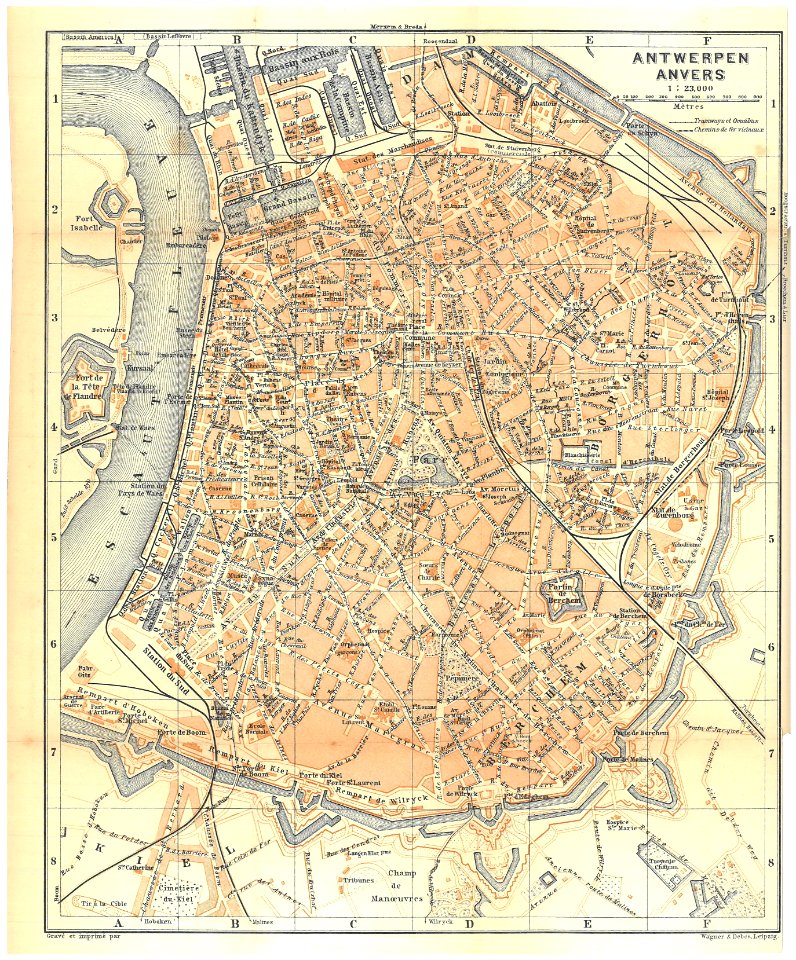 Antwerpen (Anvers) — Kaart van uit de Baedeker reisgids van 1897