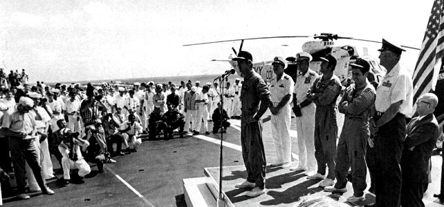 Apollo 17 astronauts on the flight deck of USS Ticonderoga (CVS-14) on 19 December 1972