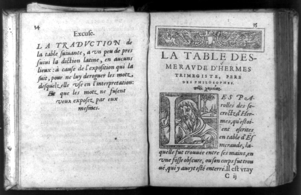 Apology by author, la table desmerade d'Hermes Trimegiste, father of philosophy, and portrait in decorated initial L LCCN92517554