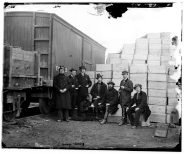 Aquia Creek Landing, Va. Clerks of the Commissary Depot by railroad car and packing cases LOC cwpb.03974