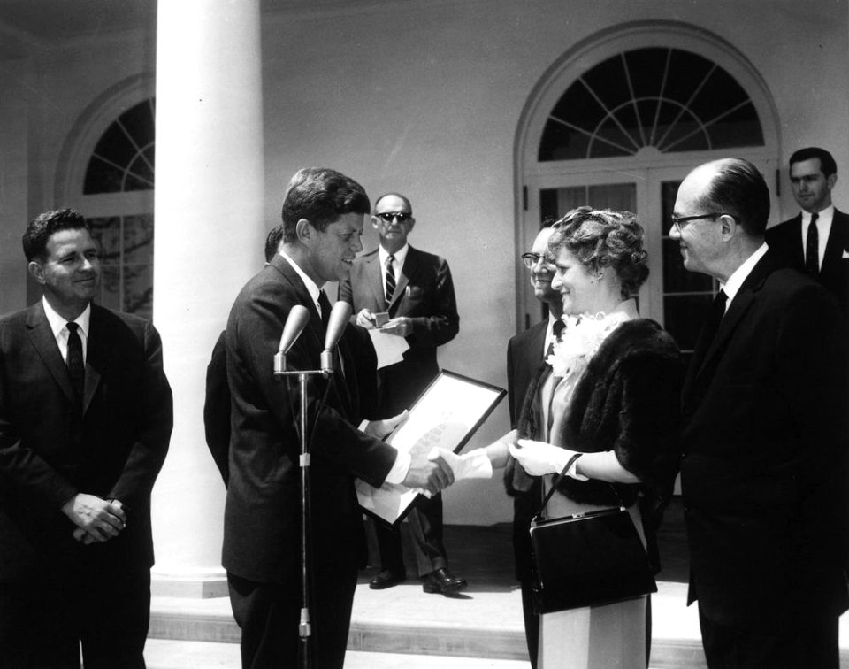 AR7233-B. President John F. Kennedy Presents National Teacher of the Year Award to Marjorie L. French