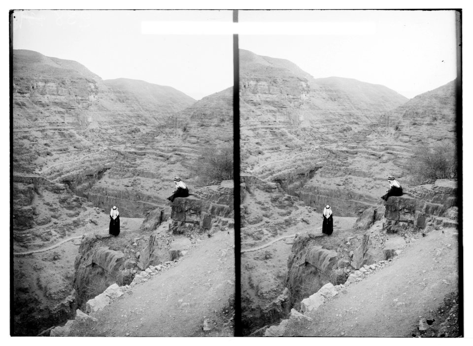 Arab men looking over a deep wadi, possibly Wadi Kelt (Qilt) LOC matpc.06438